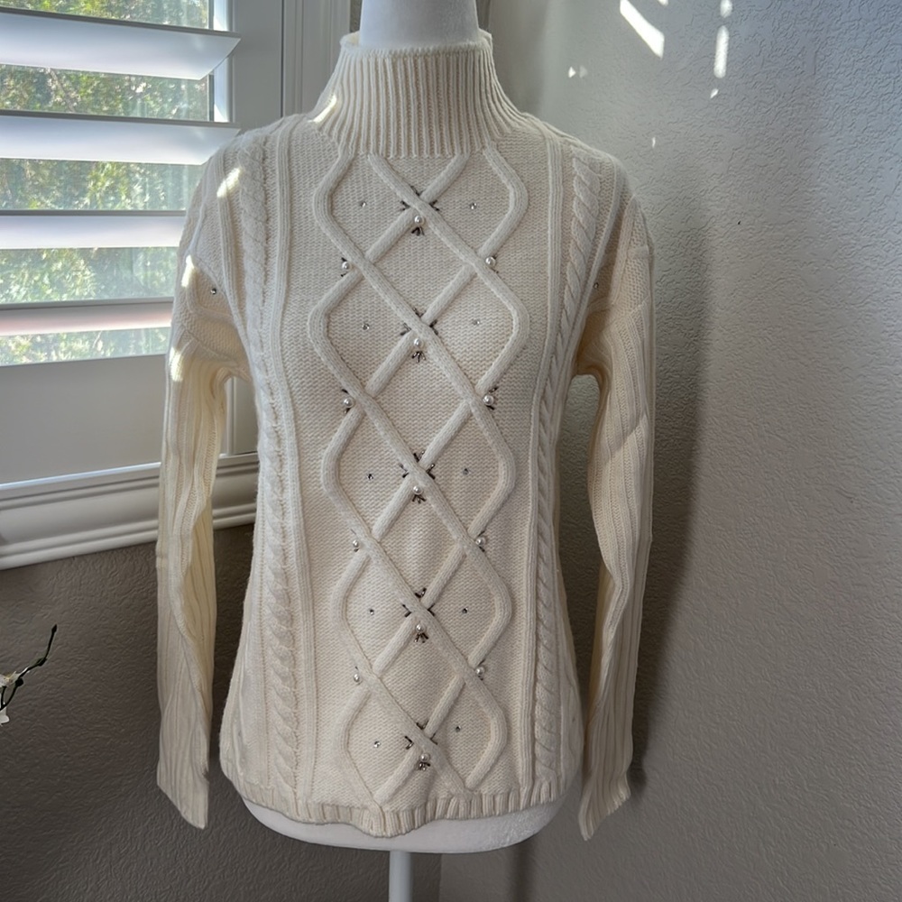 Donna Karan Faux Pearl Embellished Sweater